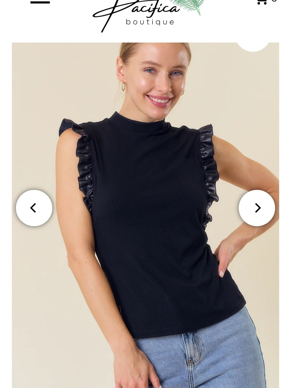 Doe & Rae Black Mock Neck Ruffle Sleeve Tank